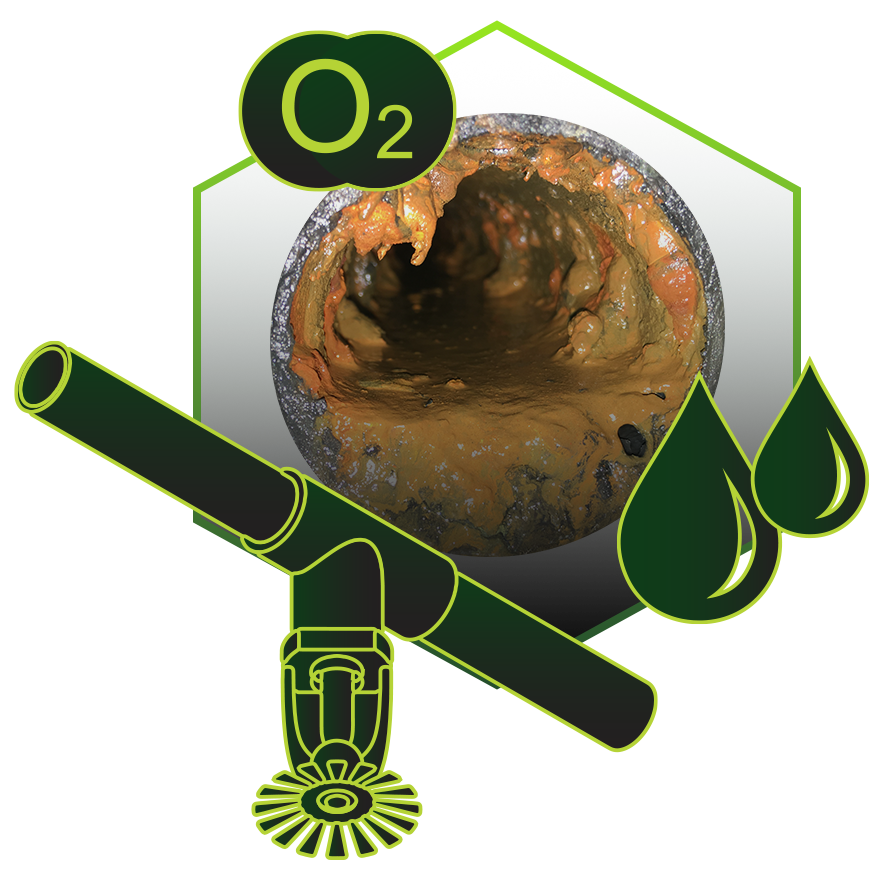 Downward-facing metal fire sprinkler valve with interior-corroded pipe and oxygen O2 label.