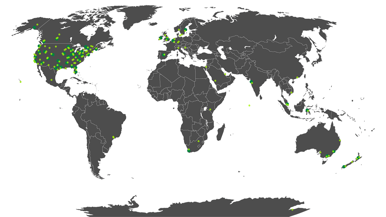 A world map with green dots over-placed in different areas.