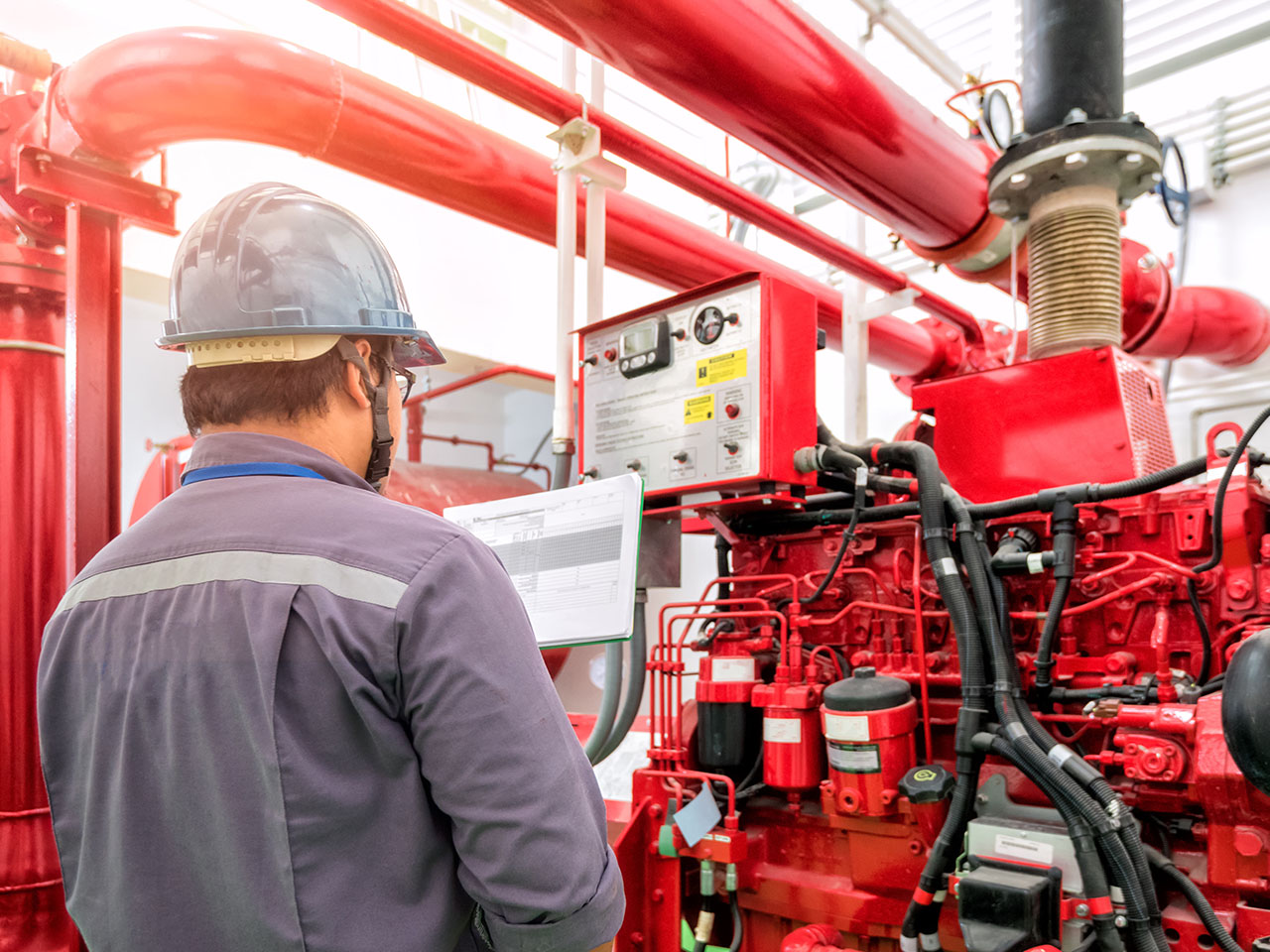 Engineer check generator pump for water sprinkler piping and fire protection system.