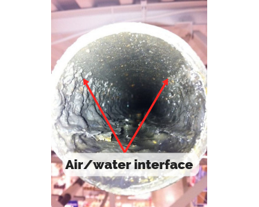Internal view of the air/water interface in a corroded wet pipe system