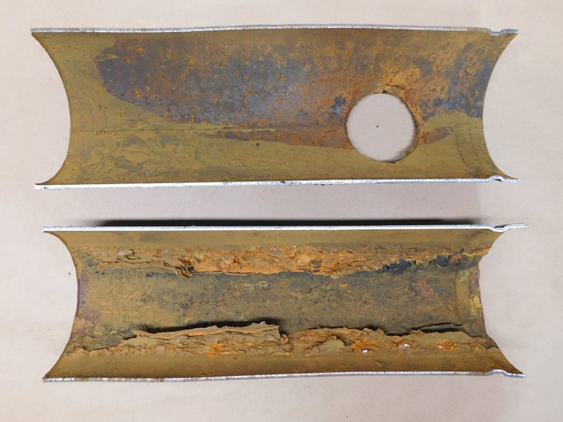 Localized corrosion in a fire sprinkler pipe cutaway