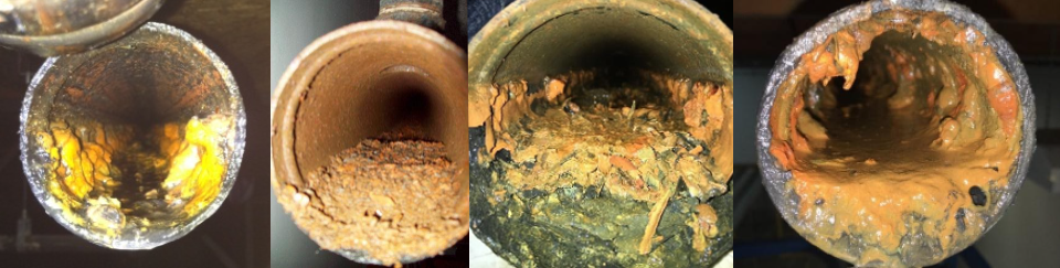 Four different pipes with extensive corrosion and blockage